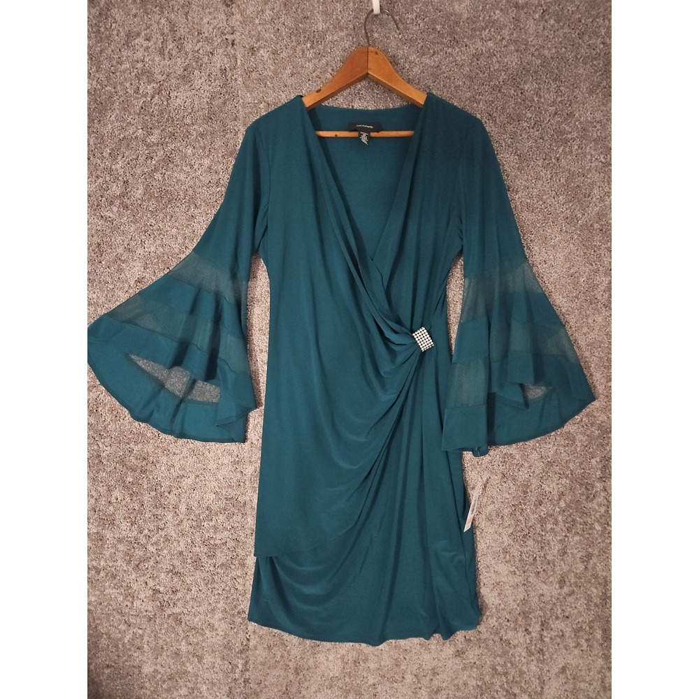 R&M Richards Emerald Wrap Cocktail Dress Sheer Angel Sleeves NWT 10